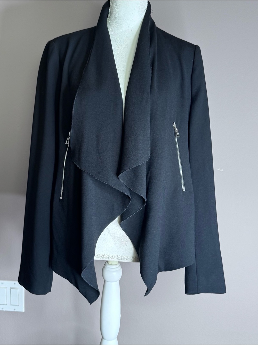Zara Black Draped Open-Front Blazer with Zip Pocket Details Sz M